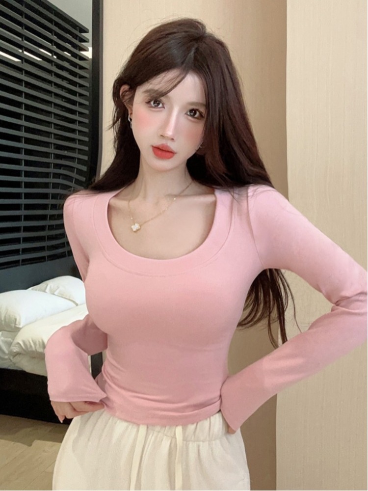 T Shirt Tight Fit - เสื้อยืดแขนยาวคอ U ทรงเข้ารูป สีพื้น สไตล์เกาหลี สำหรับผู้หญิง